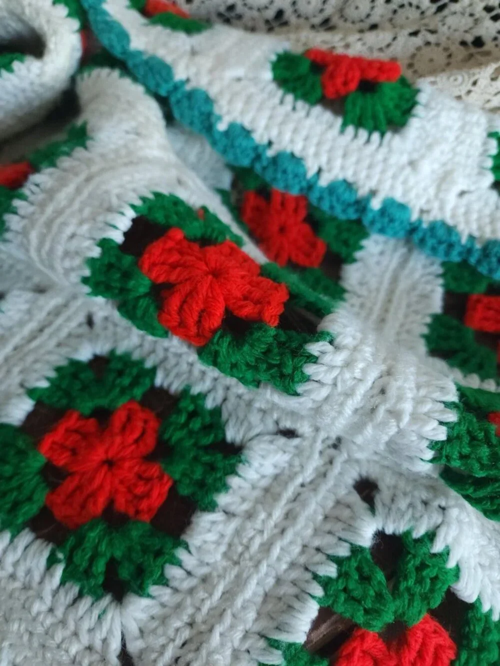 Vintage 1970s Afghan, Granny Square Crochet Lap Blanket, Red Green White Poinset
